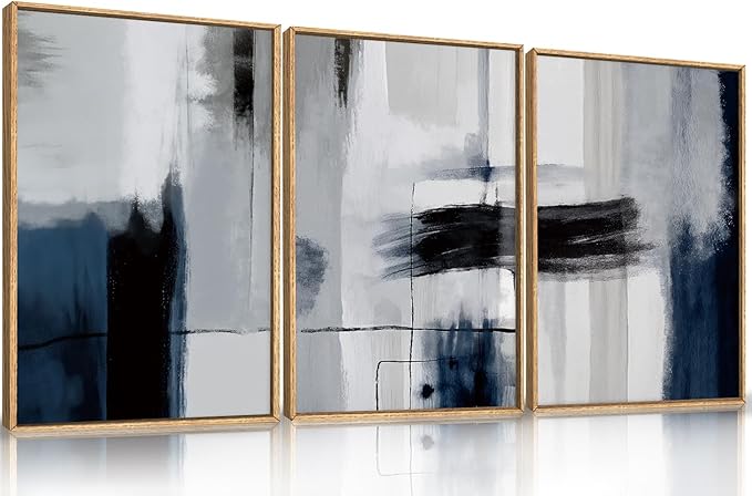 Abstract Blue and Gray Framed Canvas Print Wall Art Set,Modern Neutral Geometric Line Wall Decor,Minimalist Navy Blue Pastel Grunge Brush Strokes Artwork for Living Room,Bedroom-24 x36 x3