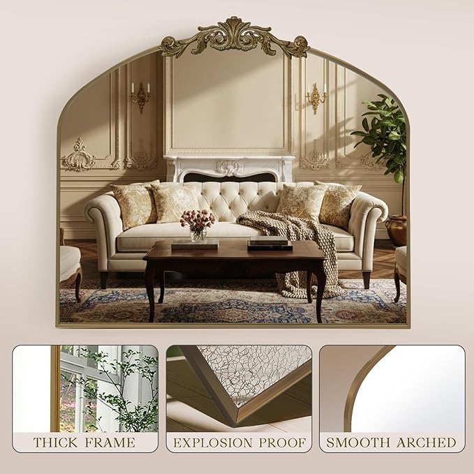 MISSDAY Vintage Retro Bronze Baroque Mirror for Wall, 36"X30" Arched Antique Wall Mirror with Elegant Carving Top, Full Metal Frame Wall-Mounted Mirror for Bathroom, Living Room, Fireplace, Entryway