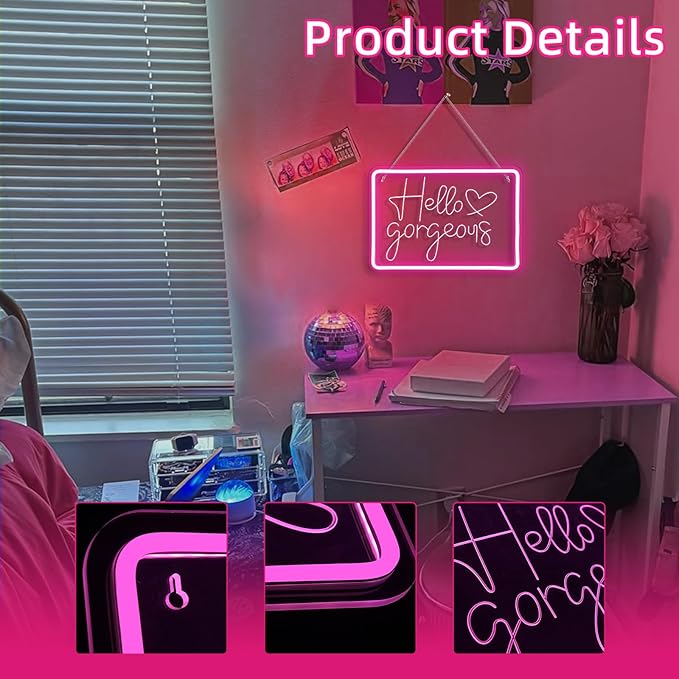 Lucunstar Hello Gorgeous Neon Sign,Led Sign,Pink Led Neon Light for Wall Decor,Neon Signs for Wall Decor,Light Sign for Wedding,Dimmable Switch USB with Neon Sign for Bedroom,Home Decor