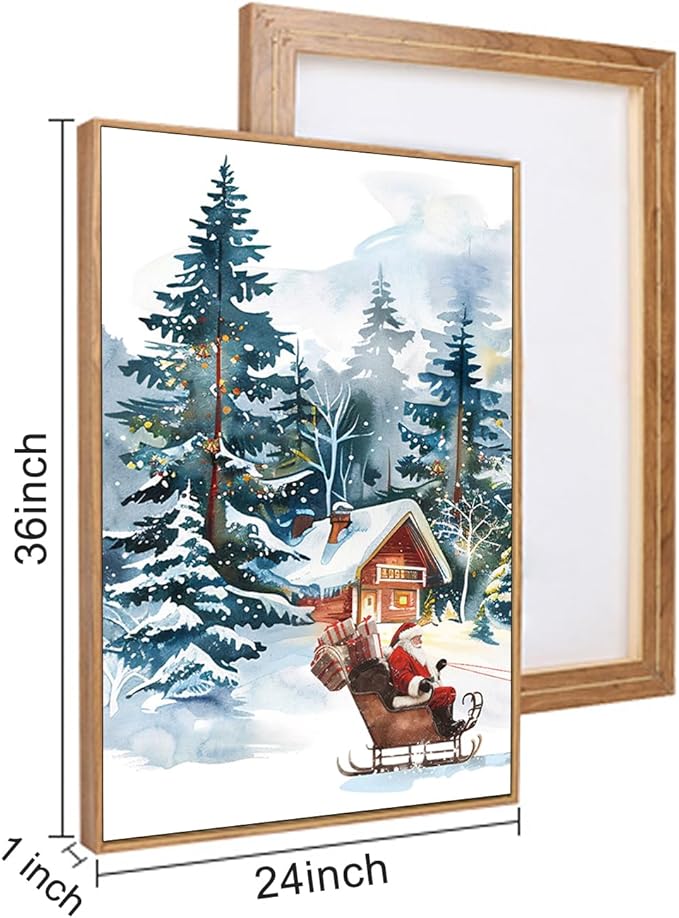 Ausril Christmas Santa Sleigh Deer Framed Canvas Wall Art Set, Reindeer Design Decor, Winter Snow Forest Tree Wall Painting, Christmas Art Print for Living Room, Bedroom, Office 24"x36"x3