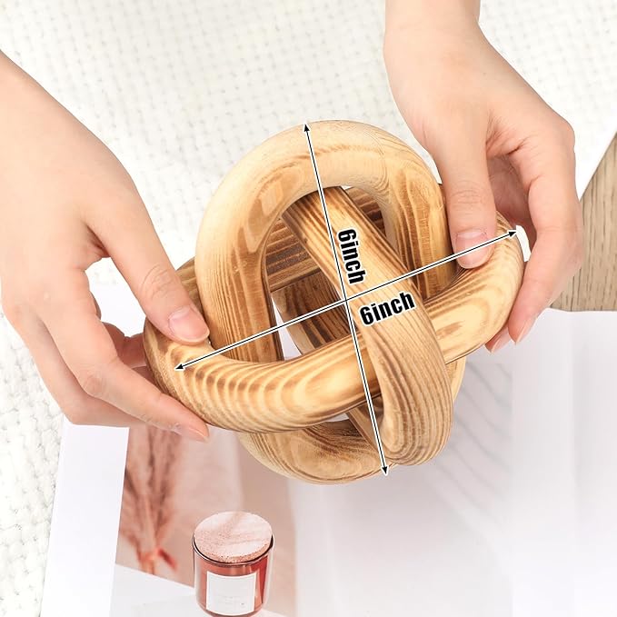 3 Link Wood Knot Decor - Hand Carved Coffee Table Decoration, Boho Chain Link Decor, Modern Shelf, Rustic Objects for Home Living Room Bedroom (Burnt)