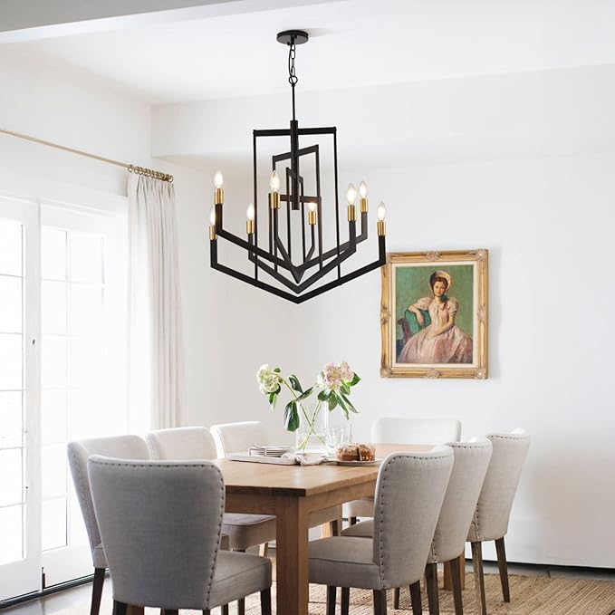 Black and Gold Chandelier,8-Light Modern Geometric Pendant Light Fixtures,Rustic Industrial Foyer Lighting Fixtures, Large Foyer Chandeliers for High Ceilings, Farmhouse Chandelier for Entryway