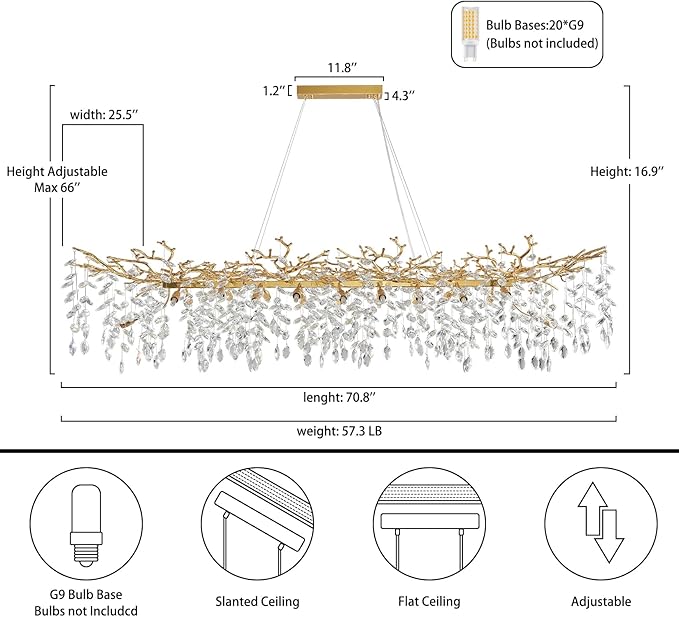 71" Modern Crystal Chandelier, 20-Light Gold Tree Branch Chandelier, Luxury Rectangular K9 Crystal Raindrop Chandeliers for Dining Room, Kitchen Island, Living Room, Contemporary Pendant Light Fixture