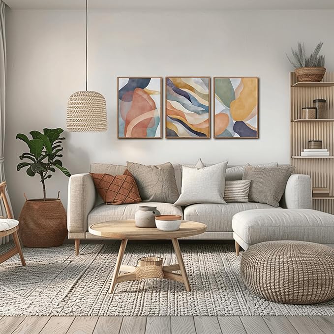 LHIUEM Large Abstract Neutral Framed Canvas Wall Art Set of 3(12”X16”)Colorful Watercolor Block Wall Art Colorful Office Decor Boho Geometric Illustrations Artwork for Living Room Bedroom Dining Room