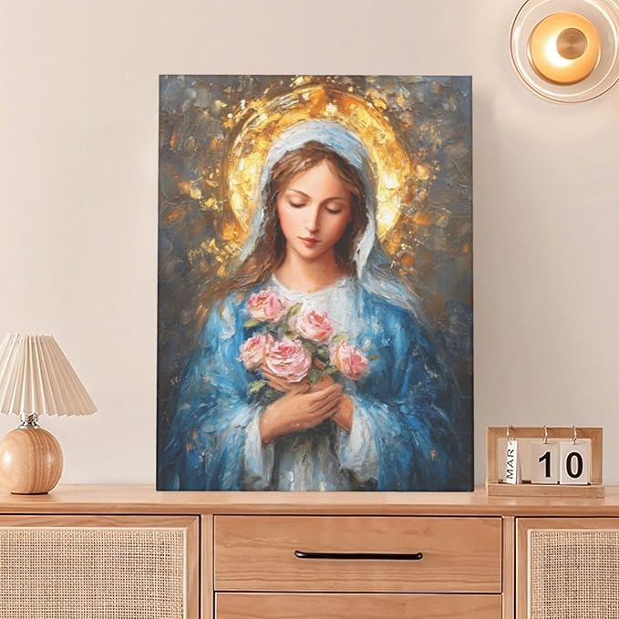 Christian Mary Wall Art Mary Mother Of God Canvas Wall Decor Catholic Blessed Mother with Roses Pictures Christ Paintings Prints Religious Bible Artwork Framed Decorations For Church Prayer Room Chapel Bathroom Bedroom Living Room Gifts 12" x 16"