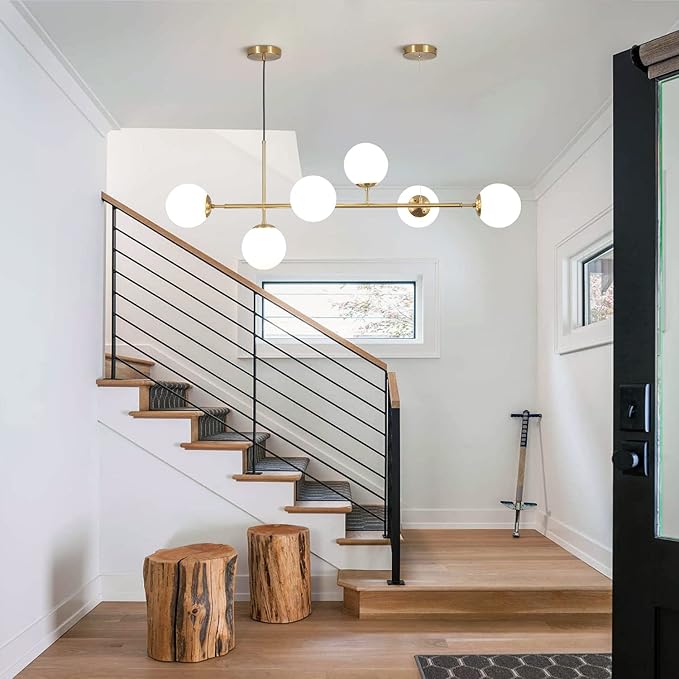 KCO Lighting Modern Globe Linear Chandelier 6 Light Milk Glass Chandeliers White and Gold Pendant Light Fixture Mid Century Rectangle Chandelier Brass Sputnik Island Lights for Kitchen