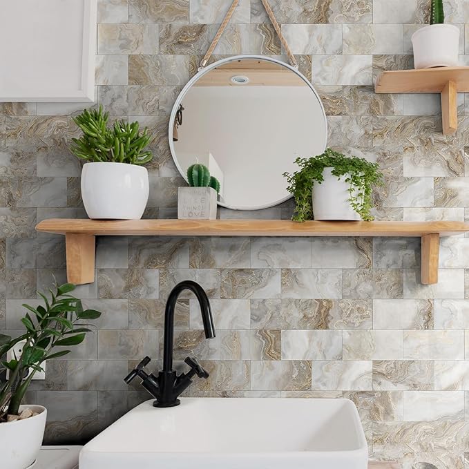 16-Pack Peel and Stick Marble Wall Tiles, Waterproof 4" x 8" Glossy Imitation Amber Glow Marble, PVC Shower Wall Panels for Kitchen, Bathroom, and Fireplace