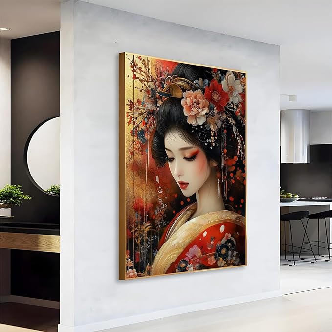 Japanese Geisha Canvas Wall Art, Geisha Girl Canvas Print, Gold Red Floral Kimono Canvas Art, Geisha Wall Art, Luxury Zen Wall Art, Asian Poster, Traditional Living Room Wall Art (Gold Framed, 35"x47" | 90x120cm)