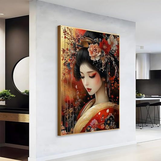 Japanese Geisha Canvas Wall Art, Geisha Girl Canvas Print, Gold Red Floral Kimono Canvas Art, Geisha Wall Art, Luxury Zen Wall Art, Asian Poster, Traditional Living Room Wall Art (Gold Framed, 20"x28" | 51x71cm)