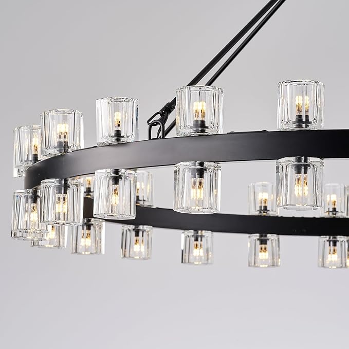 48 Inch Black Wagon Wheel Chandelier with Crystal Shade, Crystal Chandelier, Modern Farmhouse Style, Ideal for Dining Room, Kitchen, Entryways,48 Lights (Bulbs Included)