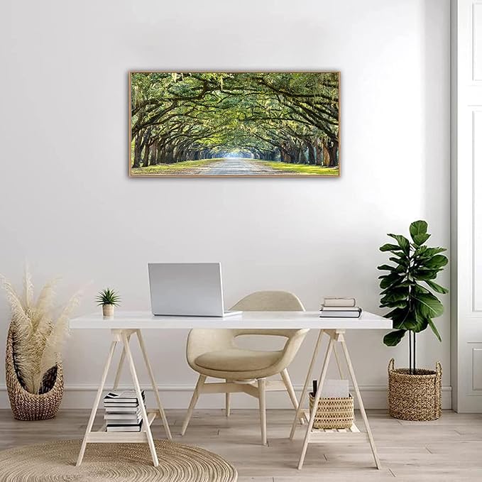 arteWOODS Green Forest Framed Canvas Wall Art Oak Trees Covered Lane Pictures Art Print Green Nature Landscape Artwork Oak Trees Lined Road at Georgia, Natural Wood Frame, Ready to Hang, 20" x 40"