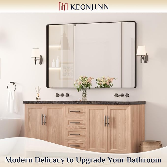 Keonjinn Black Mirror for Bathroom Sink 55 x 36 Inch Large Rounded Rectangle Bathroom Vanity Mirror, Matte Black Farmhouse Mirror, Anti-Rust, Shatter-Proof HD Tempered Glass(Horizontal/Vertical)
