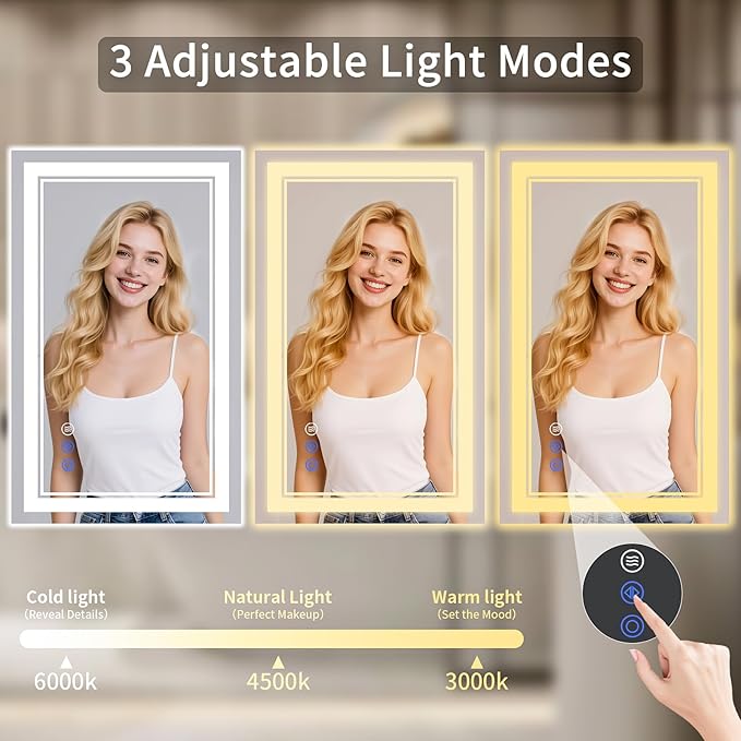 22"x30" LED Bathroom Mirror with Lights, Anti-Fog, Backlit + Front Lit, Dimmable, Led Vanity Mirror for Wall, Lighted Bathroom Mirror, 3 Colors, Shatter-Proof Tempered Glass