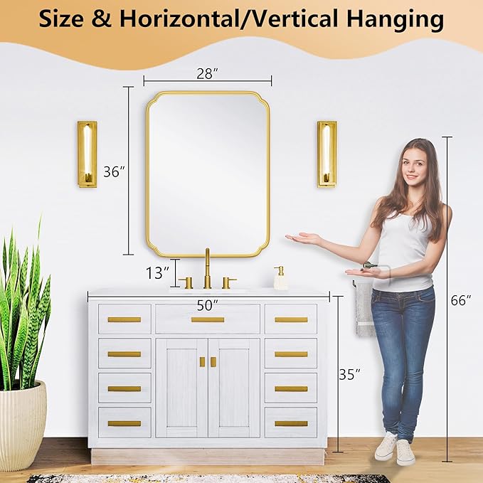 28"x36" Gold Bathroom Mirror with Rustproof Metal Frame, Modern Rounded Corner Wall Mirror for Vanity Over Sink, Horizontal/Vertical Hanging