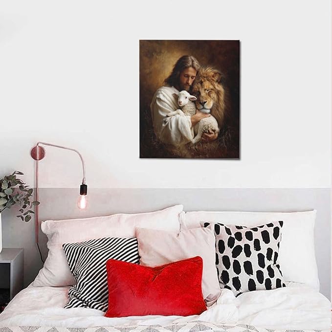 Jesus Lion Lamb Wall Art Christian Jesus Wall Decor Lion of Judah Pictures Religious God Canvas Painting Print Christ Artwork Decoration for Living Room Bedroom Church Framed Gifts 20”X24”