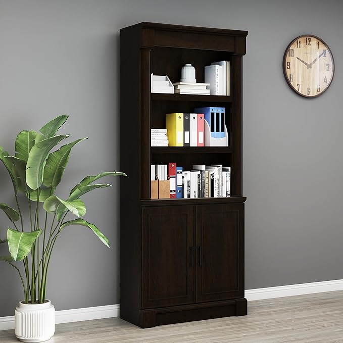 72" Roman Column Bookcase with Double Door Cabinet, 5 Tiers Tall Bookshelf Storage and Anti Tip Kit, Classic American European Modern Multi Style Design for Living Room Study Office, Dark Cherry