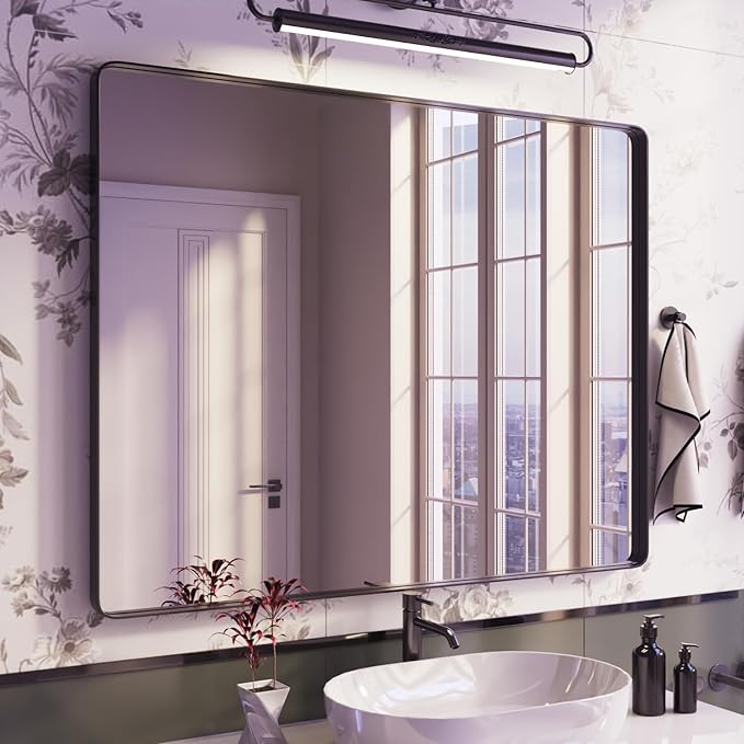 Black Bathroom Mirror for Wall, 44x36 Inch Matte Black Framed Bathroom Vanity Mirror for Farmhouse Living Room Bedroom, Anti-Rust, Tempered Glass, Horizontal/Vertical