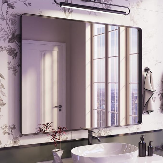 Black Bathroom Mirror for Wall, 44x36 Inch Matte Black Framed Bathroom Vanity Mirror for Farmhouse Living Room Bedroom, Anti-Rust, Tempered Glass, Horizontal/Vertical