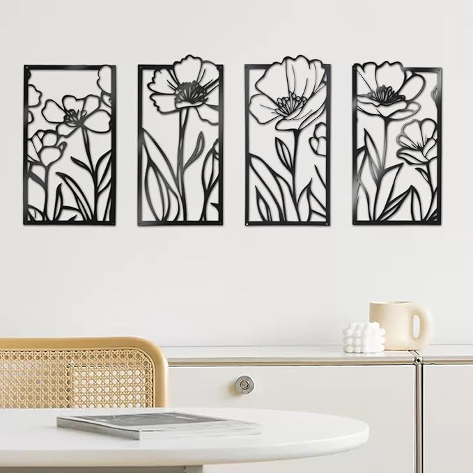 Metal Wall Art Flowers Set of 4, Framed Flower Wall Art for Living Room Bedroom Entryway, 4-Piece Floral Wall Decor, Enhance Home Ambiance with Harmonious Energy, Metal Wall Decor with Positive Vibes (Black, 32" x 17"/81x43cm, Framed)