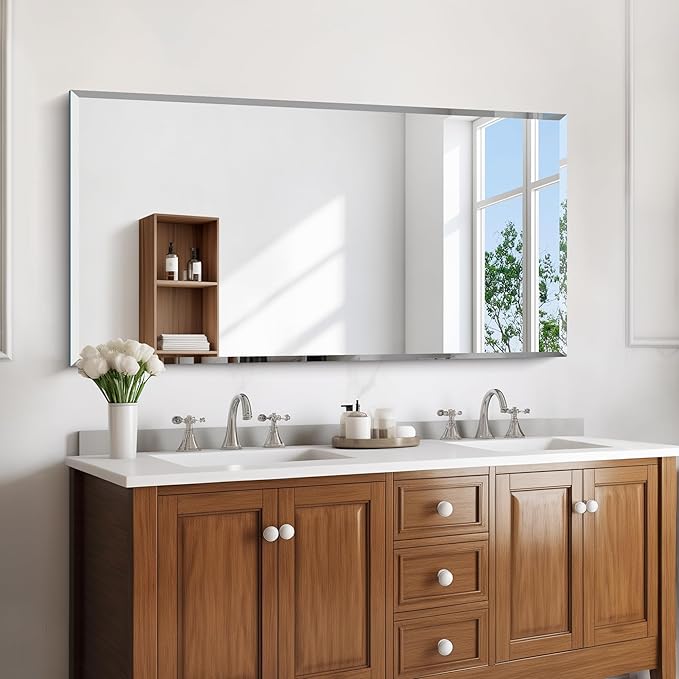 KOCUUY Beveled Mirror, 24x48 Inch Frameless Bathroom Mirror for Over Sink, Upgraded Shatterproof Beveled Unframed Design Mirror for Bathroom, Bedroom, Hang Horizontal/Vertical