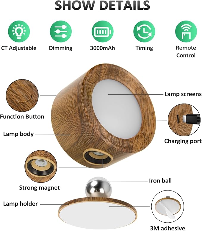 Lightbiz LED Wall Lights, Wall Sconces 3 Pcs with Remote Rechargeable Battery Operated, 3 Color Temperatures & Dimmable Wall Lamp Magnetic 360° Rotation Light for Bedroom Living Room