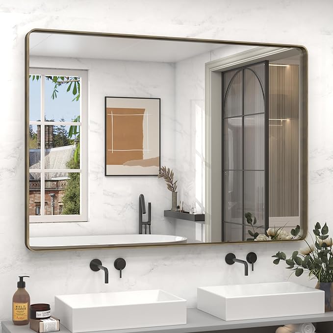 48x36 Bronze Framed Mirror for Wall, Bathroom Vanity Mirror with Brushed Bronze Metal Frame for Modern Farmhouse, Rounded Corner, Anti-Rust, Tempered Shatterproof (Horizontal/Vertical)