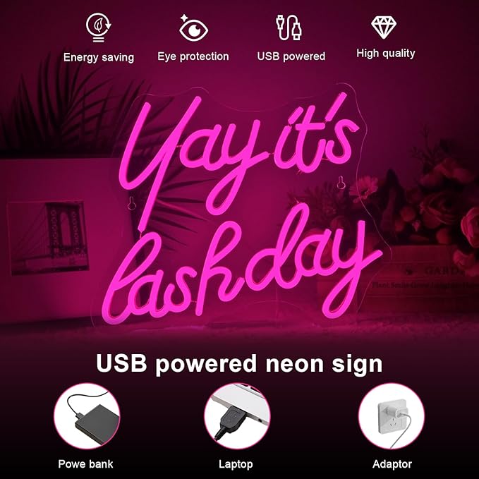 Lucunstar Yay It's Lash Day Neon Sign Pink Led Light USB Connectivity Led Neon Sign with Dimming Switch for Home Wall Decor Girls Room Party Room Decor