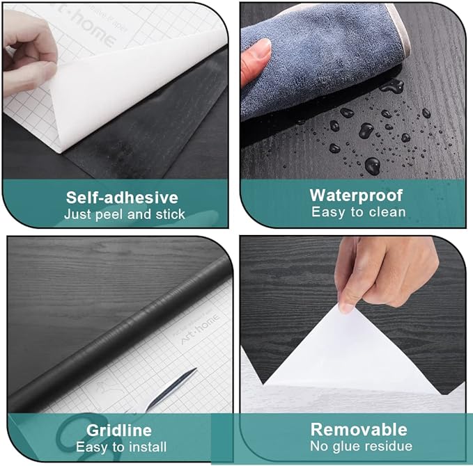 Arthome Peel and Stick Wallpaper - Black Wood Contact - Black Wallpaper - Self-Adhesive & Removable Wall Paper for Countertop Furniture Kitchen, Countertop Contact Paper, Easy to Clean, (17"x120")