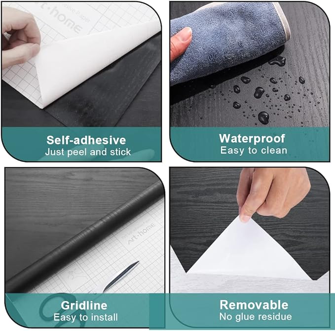 Arthome Peel and Stick Wallpaper - Black Wood Contact - Black Wallpaper - Self-Adhesive & Removable Wall Paper for Countertop Furniture Kitchen, Countertop Contact Paper, Easy to Clean, (17"x393")