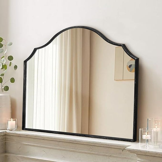 Black Scalloped Arched Mirror: 32"x24" Modern Wall Mirror - Minimalist Mantel Mirrors for Vanity/Bedroom/Entryway/Bathroom/Hallway - Home Decor for Small Apartment