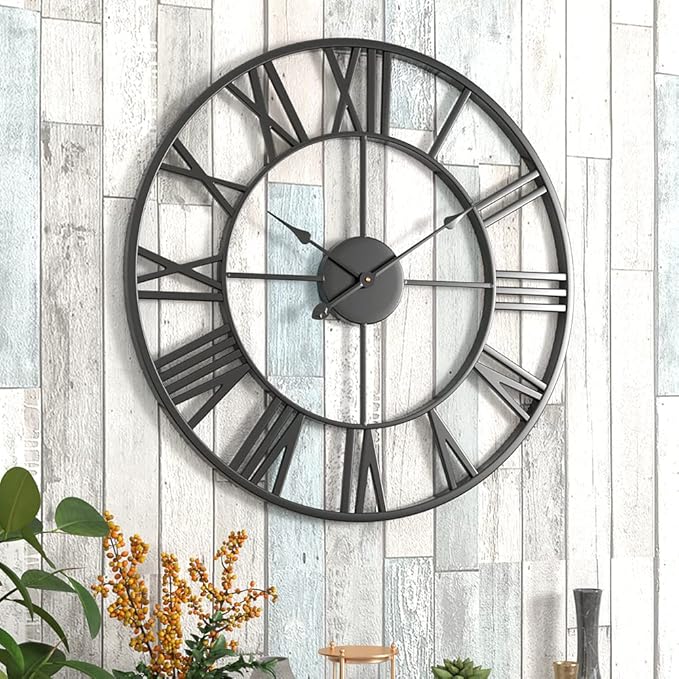 30 inch Large Metal Wall Clock, Industrial Indoor Outdoor Waterproof Art Decor Modern Clocks, European Retro with Oversized Roman Numerals, Silent Battery Operated Decor,Office,Kitchen, Loft
