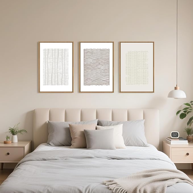 Large Abstract White and Beige Framed Canvas Wall Art,Geometric Dot and Line Wall Decor,Modern Wave Lines Artwork,Neutral Minimalist Shapes Art Print for Living Room,Bedroom,Office- 24"x36"x3