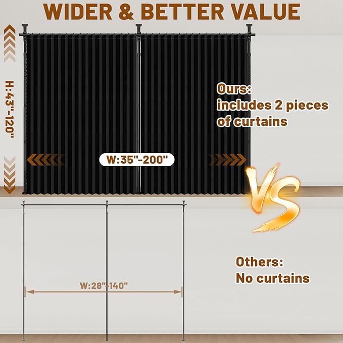 AJAZZ Room Divider Curtain (2 Panels, Black, W100 x L84 in)+ Tension Curtain Rod No Drilling (H) 43-120×(W) 35-200 in, for Privacy/Soundproof Curtains, Heavy Duty Wall Separator