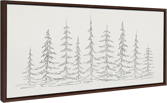 Kate and Laurel Sylvie Minimalist Evergreen Trees Sketch BW Framed Canvas Wall Art by The Creative Bunch Studio, 18x40 Brown, Minimal Christmas Tree Art for Wall