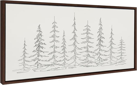 Kate and Laurel Sylvie Minimalist Evergreen Trees Sketch BW Framed Canvas Wall Art by The Creative Bunch Studio, 18x40 Brown, Minimal Christmas Tree Art for Wall