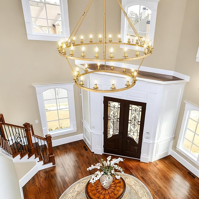 53" 2-Tier Wagon Wheel Chandelier, 36-Light Farmhouse Large Gold Chandelier Round Modern Rustic Industrial Adjustable Height for High Ceiling Living Room, Entryways, Foyer, Dining Room