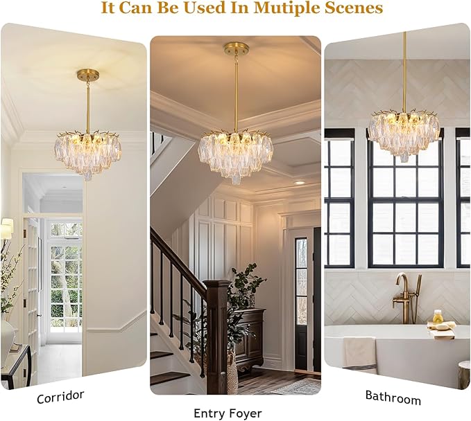 Modern Crystal Chandelier, 17'' Gold Chandeliers for Dining Room, Round Glass Crystal Brass Tiered Pendant Light Chandelier for Living Room, 3-Tier Luxury Chandeliers, Kitchen Island Light Fixture