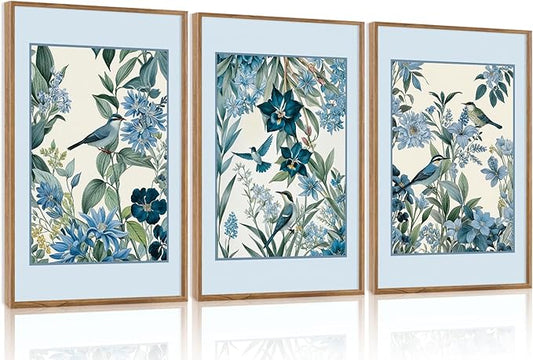 Aurlan Vintage Blue Birds and Botanical Framed Wall Art(16"x24"), 3PCS Classic Chinoiserie Audubon Bird Canvas Artwork, Large Abstract Watercolor Flowers Floral Home Decor for Bedroom Living Room
