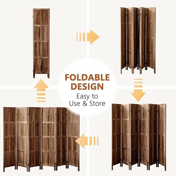 6 Panel Room Divider Wall, 5.6 FT Folding Privacy Screen Room Divider, Partition Divider for Room Separation, Room Partition Separator, Wooden Divider Screen for Home Office Bedroom (Brown)