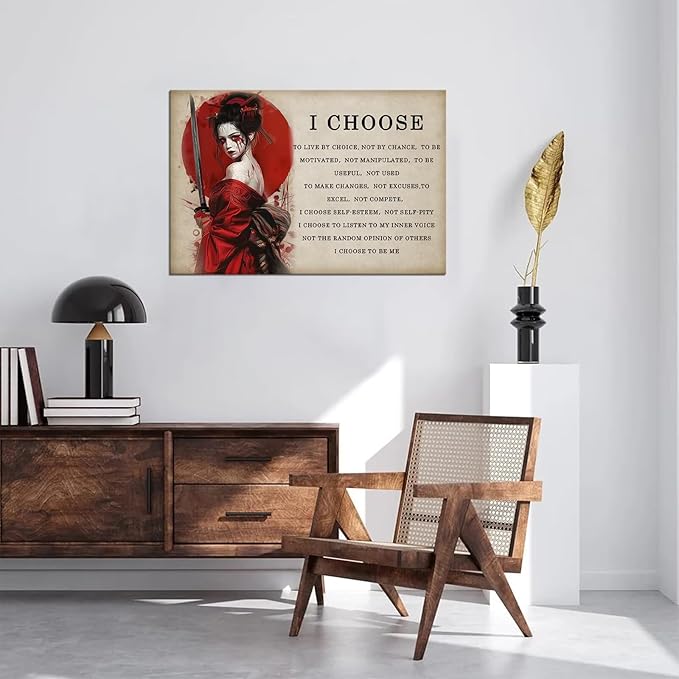 Motivational Japanese Geisha Canvas Wall Art Prints Red Moon Wall Decor Samurai Painting Inspirational Quotes I Choose Poster Framed for Hotel Living Room Bedroom Framed (24''W x 36''H)
