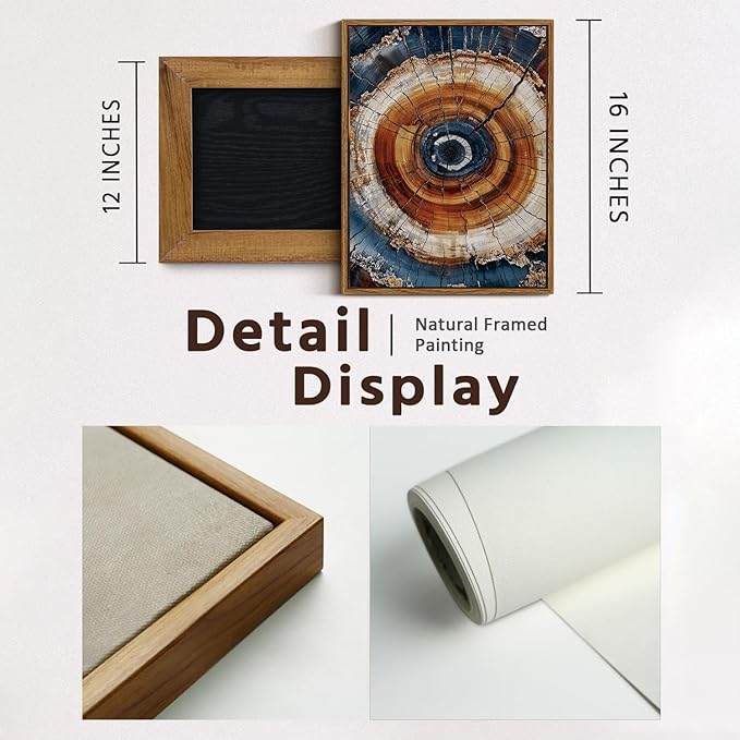 BingruiArt Framed Tree Ring Canvas Wall Art Abstract Wood Wall Decor Boho Modern Colorful Nature Painting Wood Stump Prints Pictures for Living Room Bedroom Bathroom Office 12"x16" Natural Framed(05)