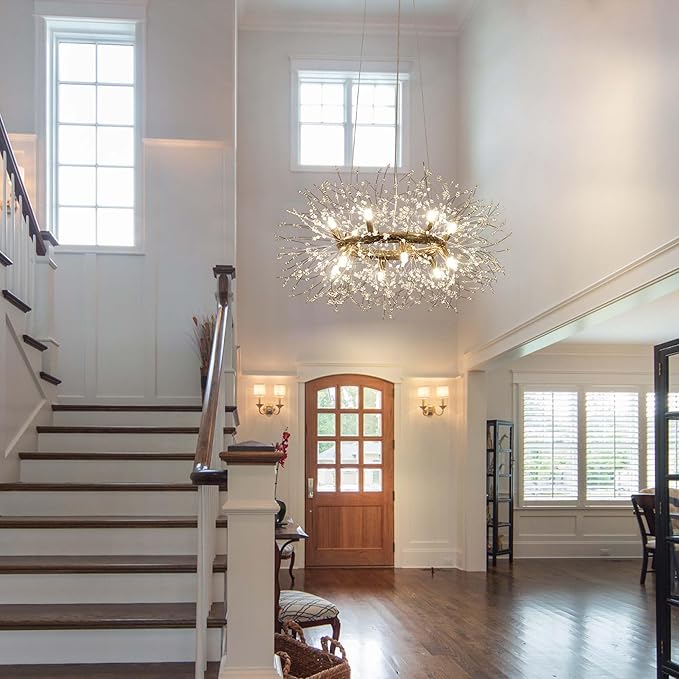 Modern Crystal Firework Chandelier, 12-Light (Bulb Included) Gold Dandelion Dining Room Light Fixtures, Round Hanging Pendant Light for Hight Ceiling, Living Room, Entryway, Staircase, Foyer