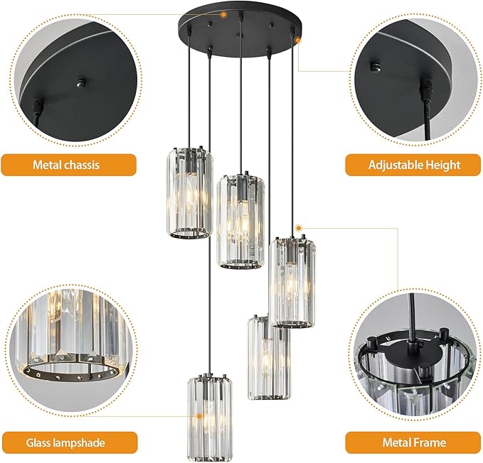 Black Pendant Lighting Modern Pendant Light, Mini Crystal Chandeliers,Adjustable Pendant Light Fixture for Kitchen Island Dinning Room Corridor Bedroom(Gold 5-Light)