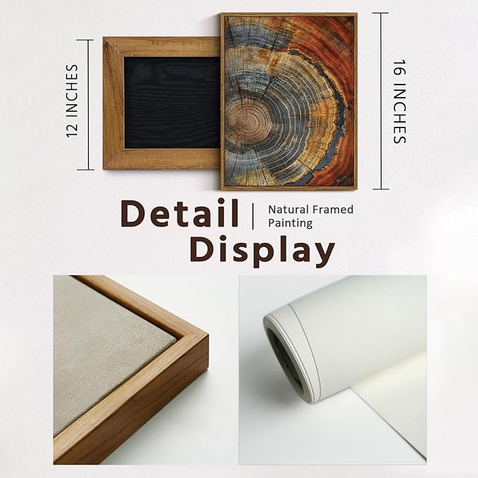 BingruiArt Framed Tree Ring Canvas Wall Art Red and Gold Abstract Wood Wall Decor Boho Modern Colorful Nature Prints Pictures Poster for Living Room Bedroom Bathroom Office 12"x16" Natural Framed(03)