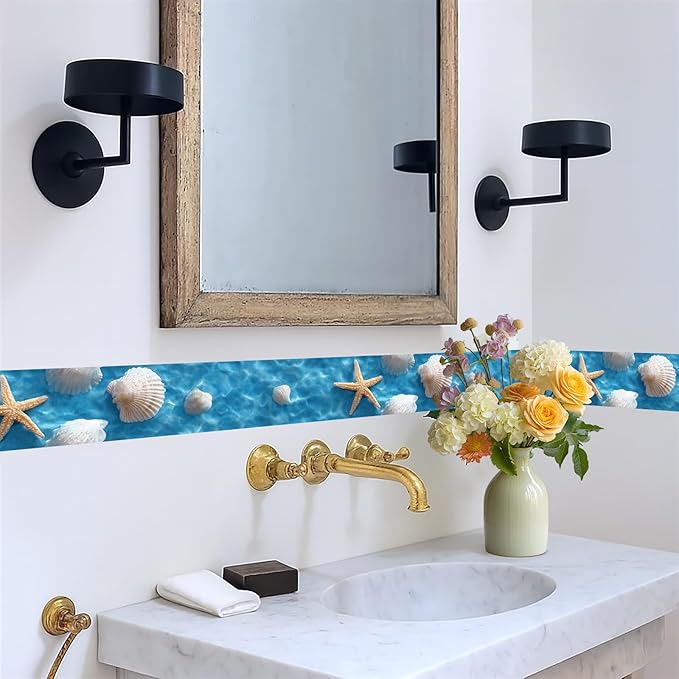 Coastal Seashell Wallpaper Border 196x4 Inch Peel and Stick Wall Border Self Adhesive Starfish Beach Removable Vinyl Trim for Living Room Bedroom Bathroom Kitchen Cabinet Decoration