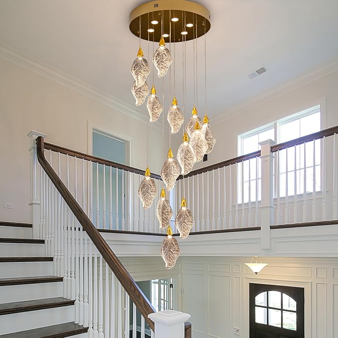 Modern Staircase Chandelier, 20-Lights LED Large Chandeliers for High Ceilings,H78 Long Staircase Lights, Platinum Leaf Foyer High Cailings Lights,Unique Light Fixture for Foyer Entryway