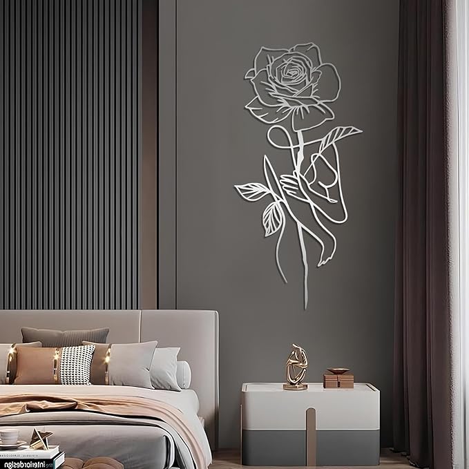 Metal Rose Wall Decor, Abstract Woman Metal Wall Art, Metal Minimalist Wall Art, Metal Line Art Wall Decor, Rose Wall Art, Floral Wall Art, Female Body Wall Art for Bathroom, Bedroom (Black, 48"x23"/121x58cm)
