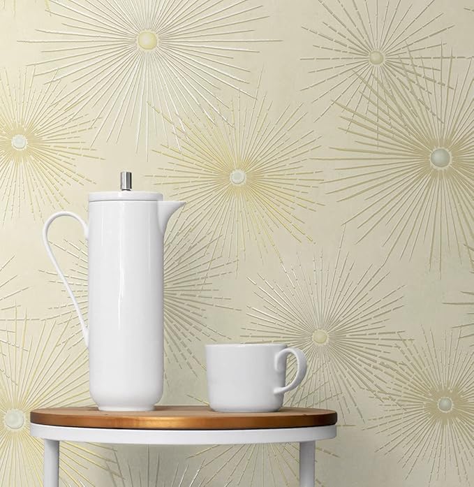 NextWall Star Burst Geo Mid Century Peel and Stick Wallpaper (Ivory & Metallic Gold)
