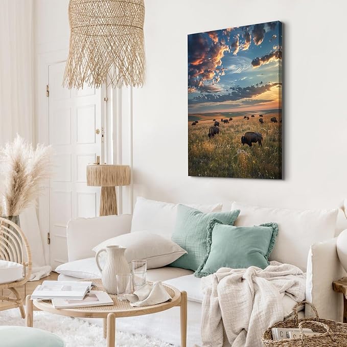 Large Landscape Wall Art Cow Pictures Wall Decor Tallgrass Prairie Scenic Canvas Prints for Living Room Decor Sunset Nature Scenery Poster Bisons Painting Artwork for Office Home Decorations 24x36"