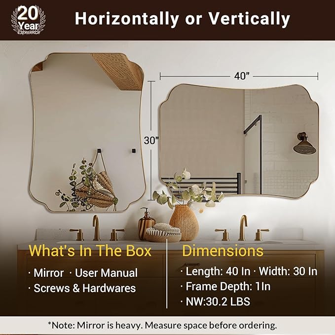 ANDY STAR 30x40 Inch Brushed Gold Bathroom Mirror, Luxury Brass Scalloped Wall Mirror with Stainless Steel Frame, Decorative Wave-Edge Vanity Mirror for Living Room, Entryway, Bedroom